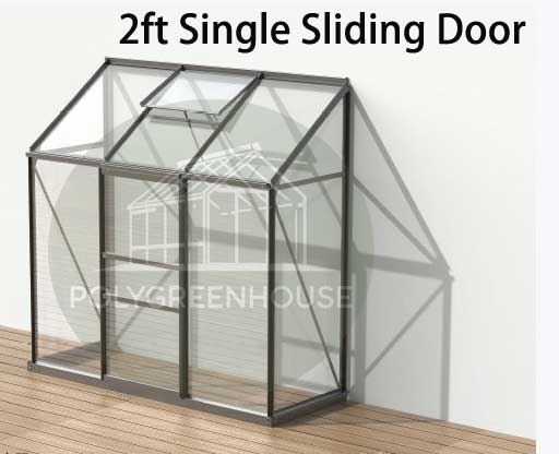 Design rendering of a 2-foot wide lean-to greenhouse attached to a wall, featuring a single sliding door for easy access.
