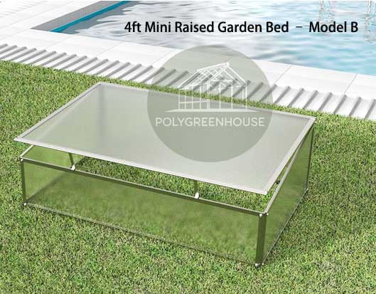 4-foot greenhouse raised bed in alternative design, built with clear polycarbonate panels and strong aluminum structure
