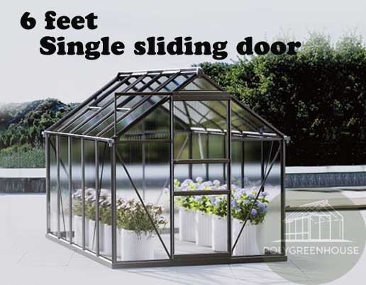 Dimension diagram of a 6 feet greenhouse featuring a single sliding door