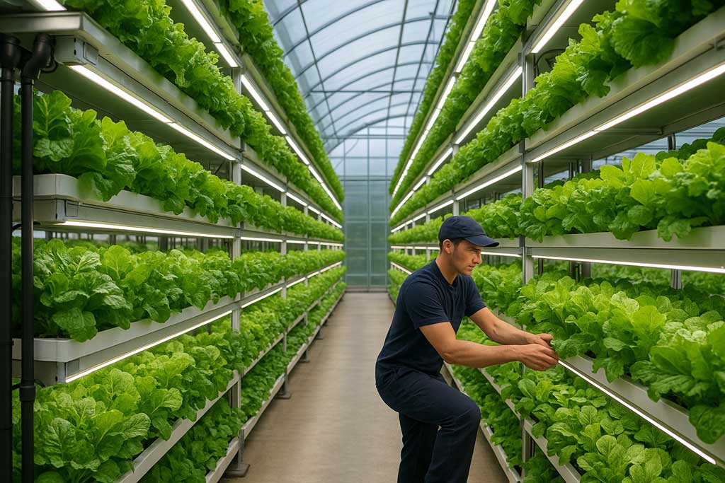 Sistema de plantación complementaria diversa que muestra tomates con sotobosque de albahaca y bordes de caléndula creando una comunidad de plantas beneficiosas en un invernadero de policarbonato.