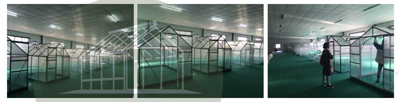 Showroom displaying various greenhouse models and designs