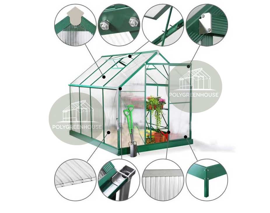 Detailed illustration showing the structural components and parts of a greenhouse