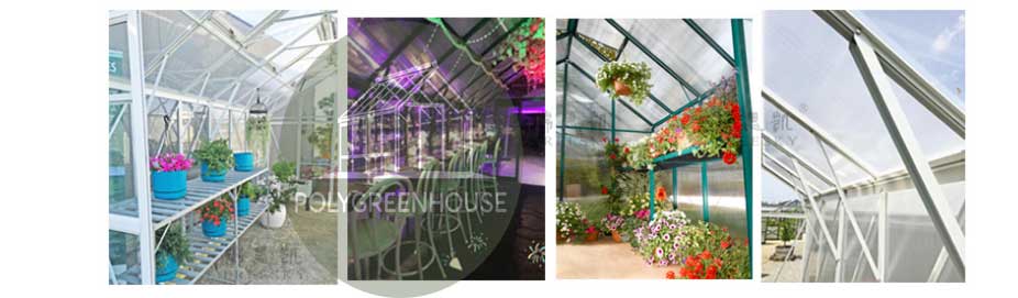 Collage showing four different interior views of greenhouse with plants and flower arrangements