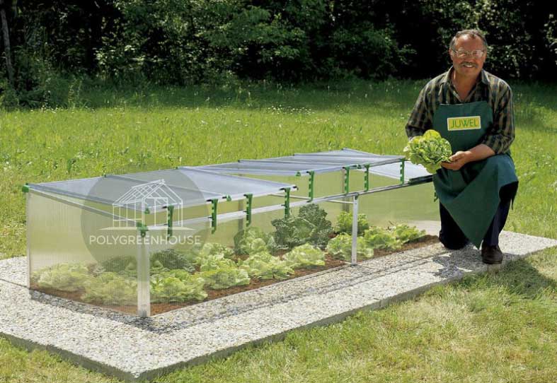 this is a picture a man kneeling on the ground showing mini greenhouse garden