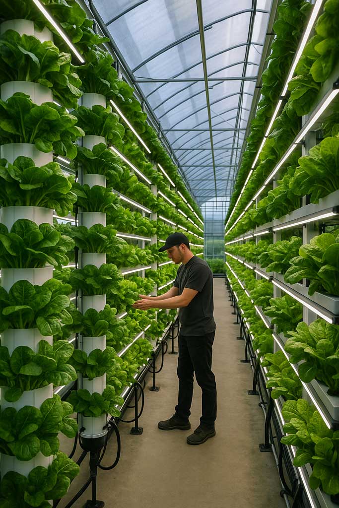 Avanzadas torres de cultivo vertical con iluminación LED, riego automatizado y producción multinivel de plantas de hoja verde en invernadero de policarbonato