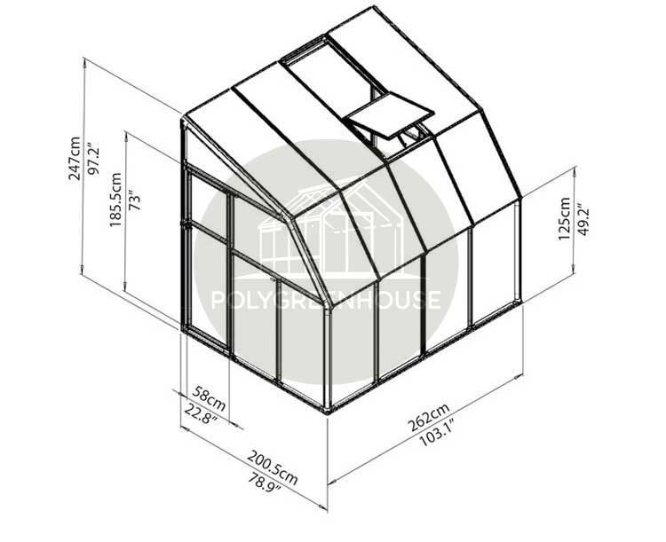 Side elevation sketch of a lean-to greenhouse structure attached to a wall, showing height and frame details.