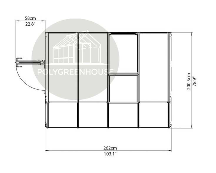 Overhead top-view sketch of a lean-to greenhouse structure attached to a wall, displaying layout and dimensions.