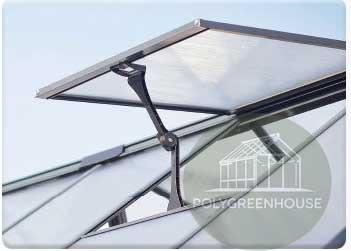 Close-up of greenhouse roof vent window for improved air circulation and temperature control