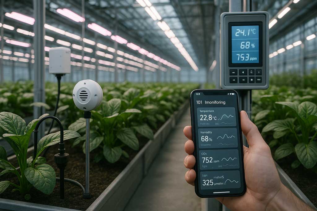 Wireless IoT sensors monitoring temperature, humidity, and plant health in modern polycarbonate greenhouse with real-time data displays