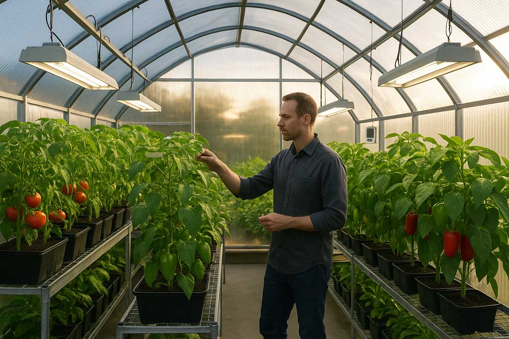 las imágenes muestran a un hombre revisando tomates