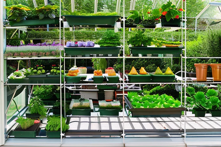 Station de multiplication des plantes dans une serre en polycarbonate avec boutures, système de brumisation et lampes de culture