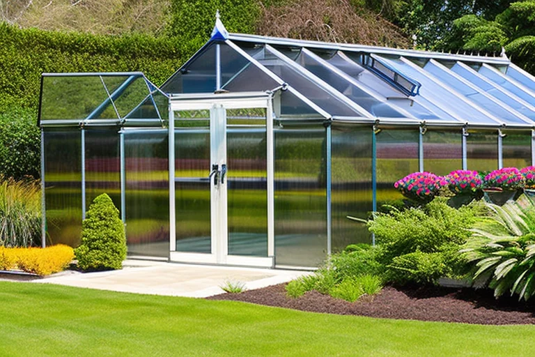 Serre moderne en polycarbonate montrant l'emplacement optimal des portes et des fenêtres pour la ventilation et la lumière