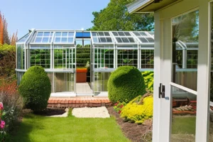 Gardener using tape to temporarily seal a cracked polycarbonate greenhouse panel
