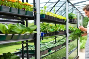 Close-up of a gardener checking tomato leaves for insects in a bright greenhouse