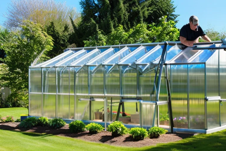 Close-up of hands applying sealant to the aluminum frame of a greenhouse for weatherproofing
