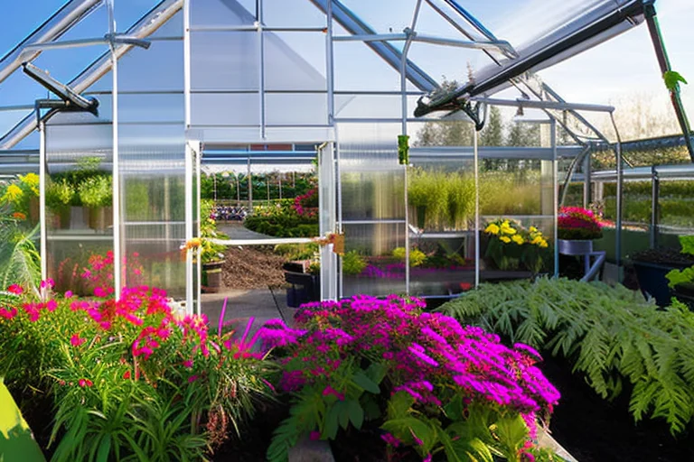Invernadero de policarbonato con exuberantes plantas iluminadas por luces LED moradas y blancas para cultivo, que proporcionan iluminación adicional.