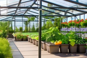 Organic tomatoes and greens thriving in a bright polycarbonate greenhouse with diffused light