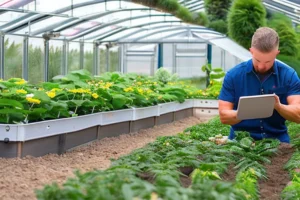 Gardener using tablet to view data logging graphs inside a bright greenhouse