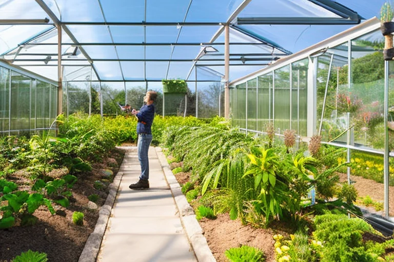Person using smartphone app to control climate and irrigation in a polycarbonate smart greenhouse