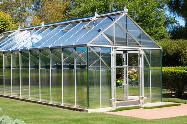 Automated ridge vents and side louvers on a twin-wall polycarbonate greenhouse in a garden setting
